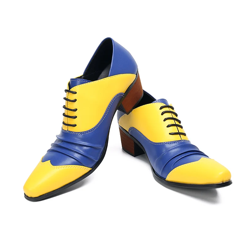 Fashion Color Blocking Men Pointed Toe Mid Heel Lace Up Shoes Business Large Size Formal Shoes Elegant Male Real Leather Shoes