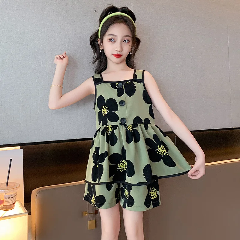 

Kids Clothes for Girls Summer Sleeveless Outfits Flower Shirt + Shorts Teen Girl Clothing Sets Teenager Children's Costume