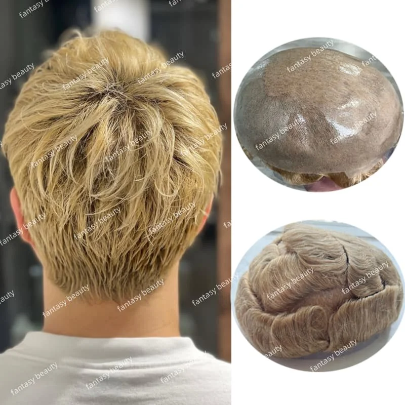 

High Quaitly full pu male wig 110%-130%density With Knots Invisible Hairline #22R#20#613 ash/lightest blonde brown men toupee