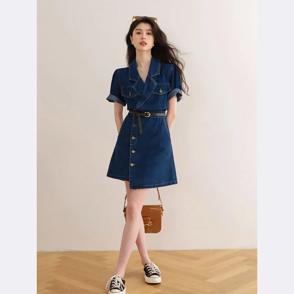 Women Summer V-neck Denim Dress With Belt Decor Single Breasted Style Blue Jean Dresses Turn-down Collar A-line Short Vestidos