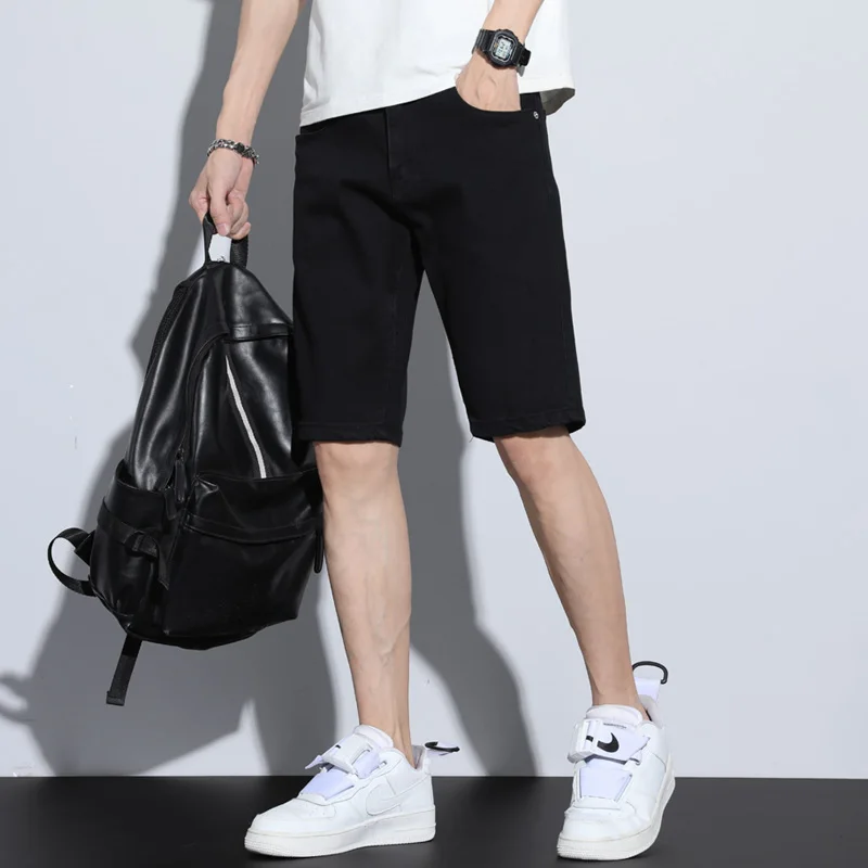 Summer New Casual Men\'s White Black Denim Shorts Solid Color Straight Slim Hole Stretch Soft Beach Knee Length Short Jeans Male