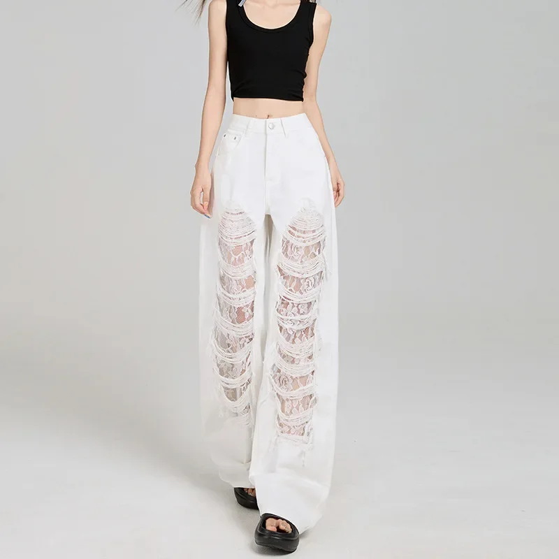 Personality Ripped Lace High-waisted Jeans, New Fashionable Loose and Floor-length Wide-leg Jeans for Women in Spring and Summer
