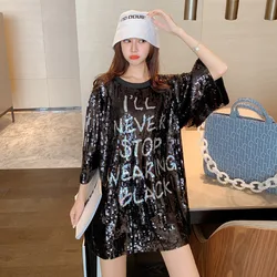 #0264 Black Shinny Hip Hop T Shirt Women Harajuku Letters Sequined T Shirt Short Sleeve Loose Streetwear Long Tee Shirt Femme