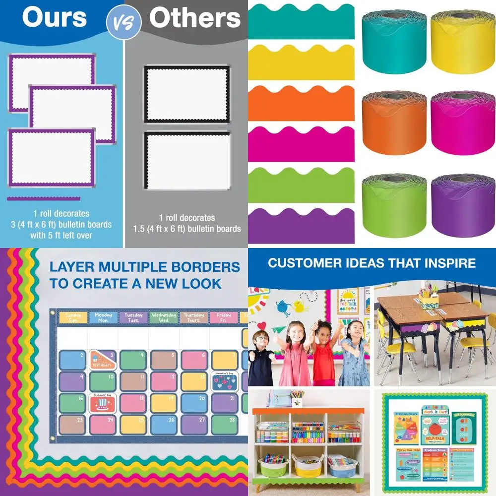 

Vibrant Classroom Decor: 390ft Multicolored Board Borders - Orange, Yellow, Green, Teal, Purple, Hot Pink, 6 Pack for School Sup