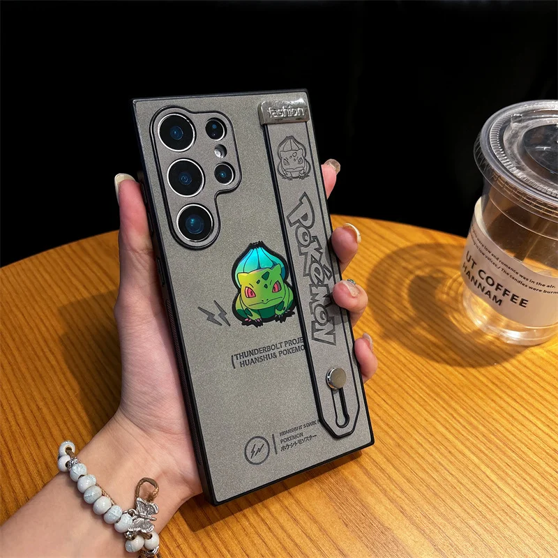 Anime Cute B-Bulbasaur P-Pokemon Suede Soft Leather Wrist Strap Phone Case For Samsung  S22 S23 S24 Ultra Protect Anti-fur Cover