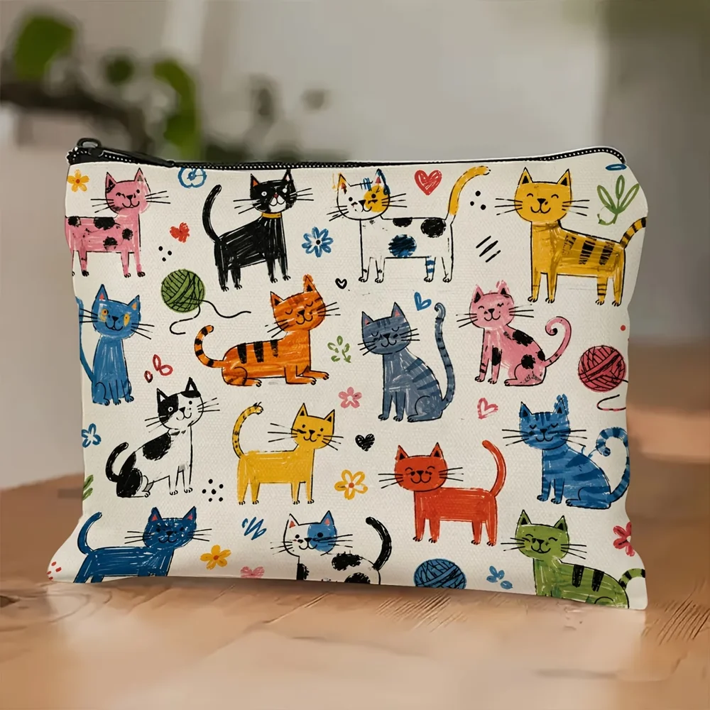 Cute cat cosmetic bag with fun graffiti: colorful cartoon cats, yarn balls & hearts. Stores cosmetics, jewelry & travel essentia