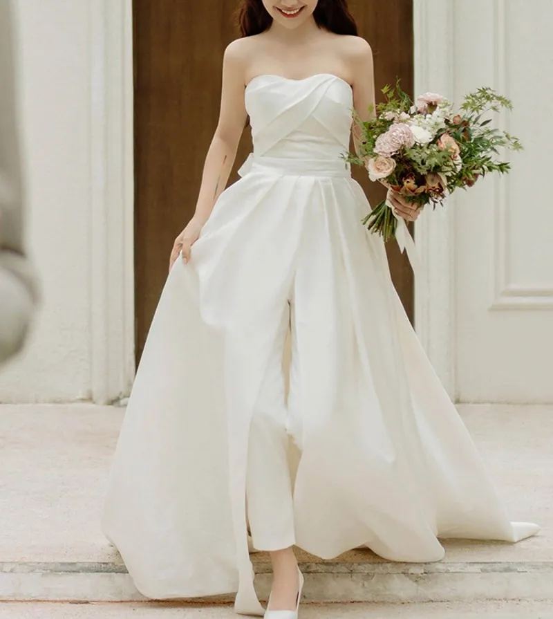 Sexy Open Back Wedding Pant Suits For Brides With Train Strapless Jumpsuits Women Elegant Formal Gowns Vestidos De Noiva