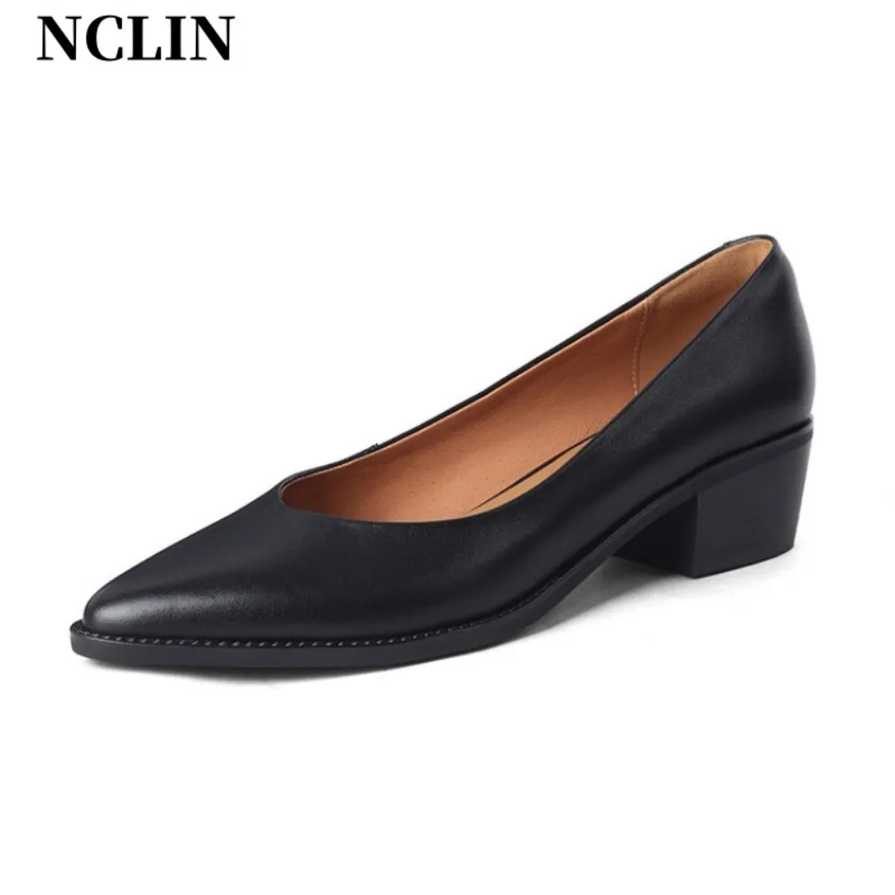 

NCLIN New Loafers Shoes Thick Heels Pointed Toe SLIP-ON Office Women Shoes Fashion Concise Cow Leather Retro Women Shoes