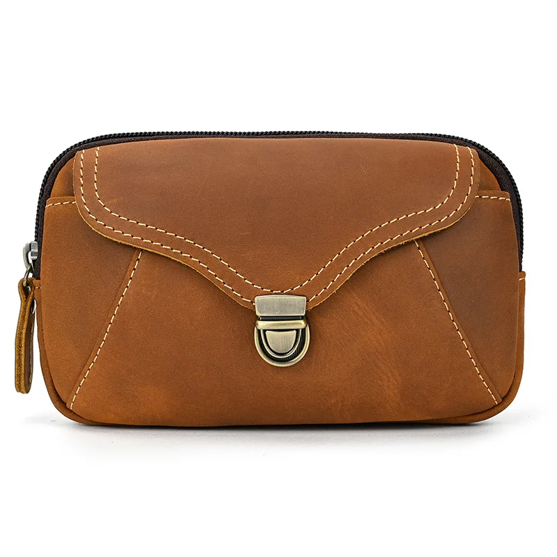 Retro Genuine Leather Men's Mobile Phone Bag Crazy-horse Leather Waist Bag Top Layer Cowhide Clutch Cross-body Shoulder Bag