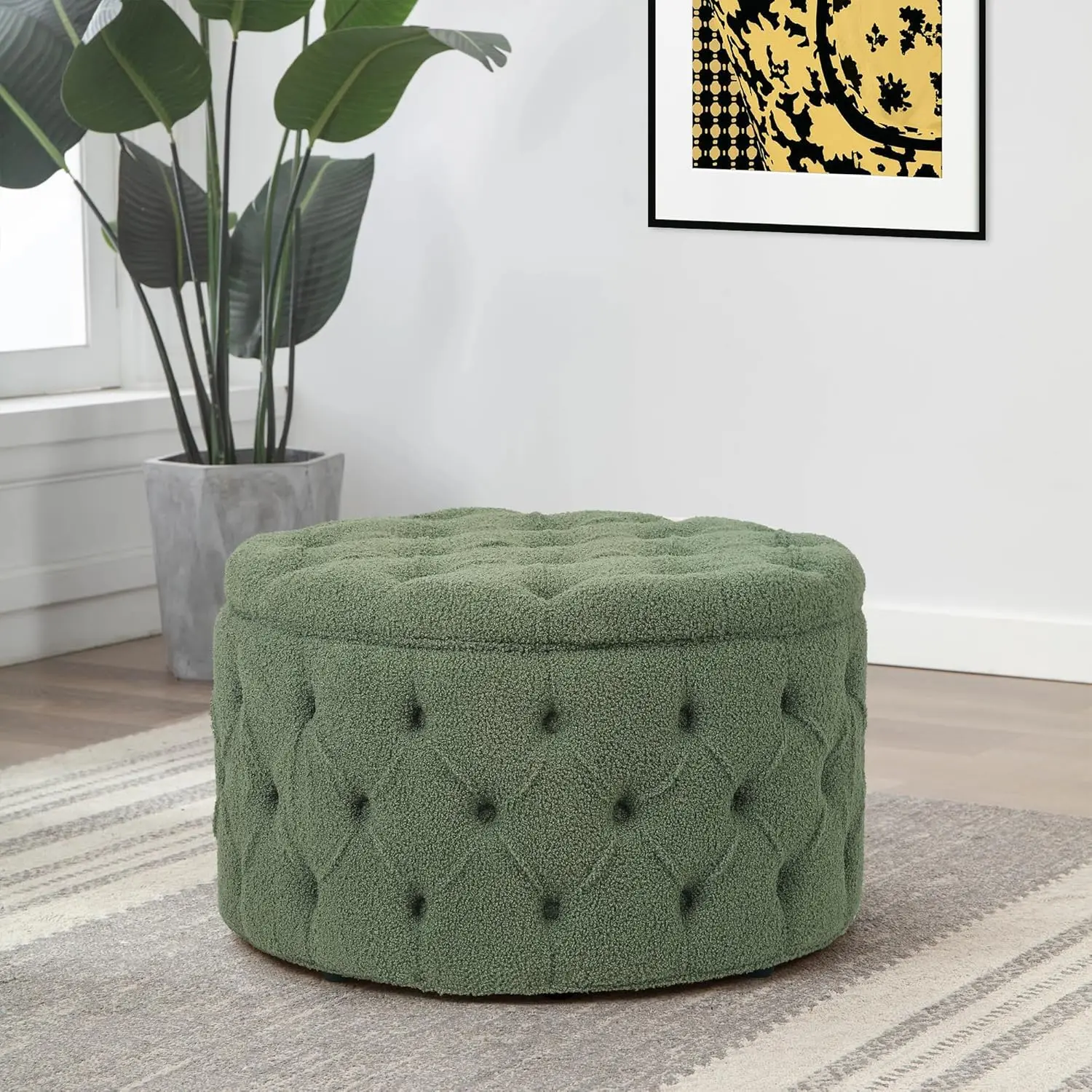 28 Inch Faux Fur Round Storage Ottoman, Button Tufted Footrest Stool Bench Coffee Table for Living Room,Green
