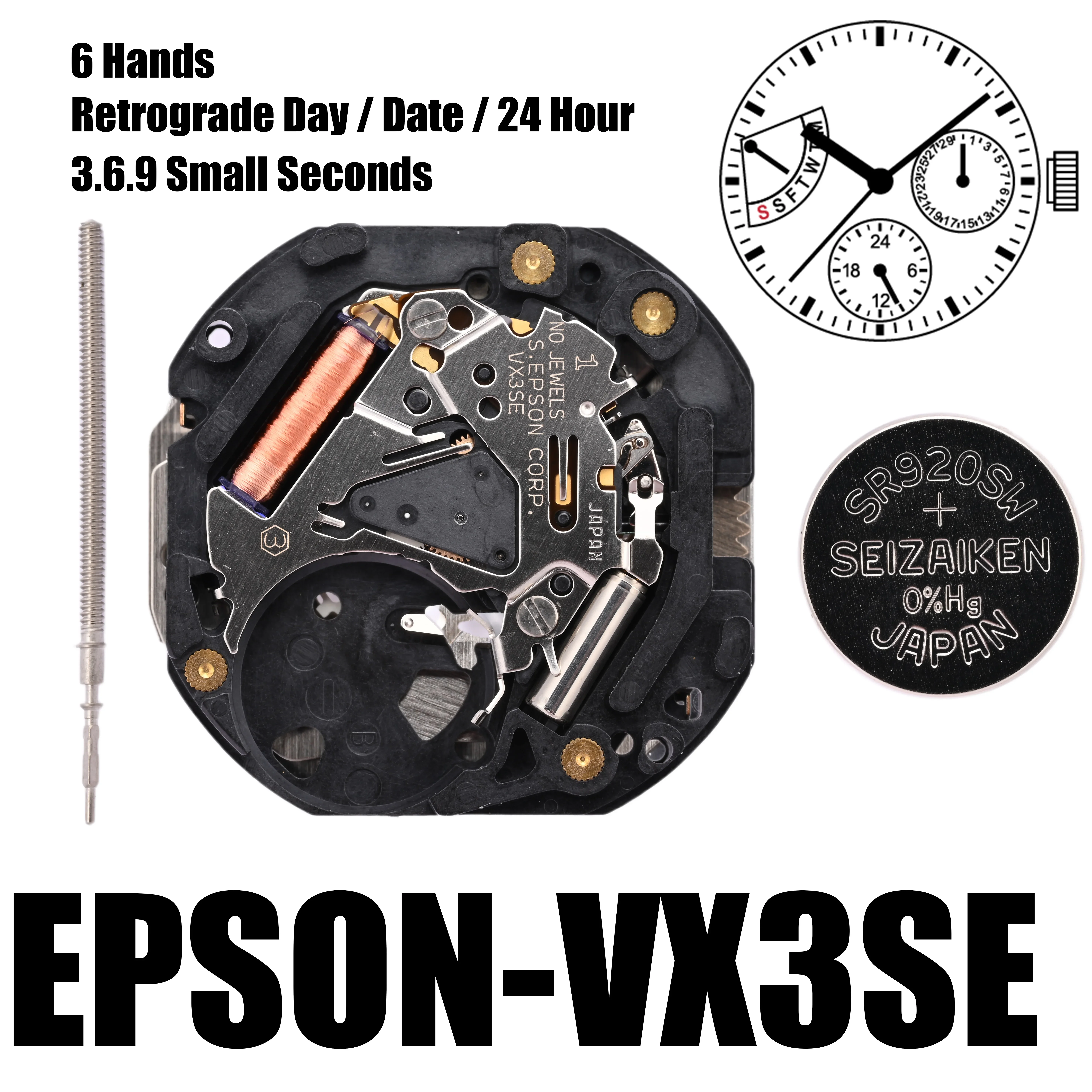 حركة ثواني صغيرة ، 6 أيدي ، VX3S ، VX3SE ، سلسلة VX3 ، 3.6.9 ، حجم 10 ، "، تاريخ ، 24 ساعة