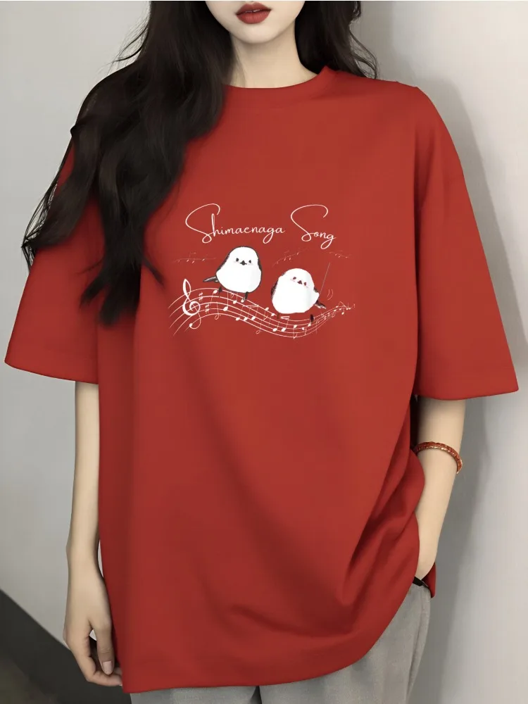 Shimanga Song Bird and Note Printed Pure Cotton Unisex Short Sleeved Round Neck T-shirt Casual Classic Fashion Gift