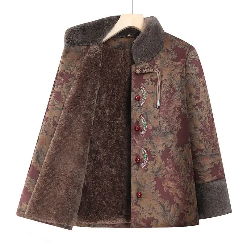 Elderly Women Vintage Floral Fleece Lined Coat Faux Fur Collar Tang Style Warm Winter Jacket For Grandma Mom Senior Ladies