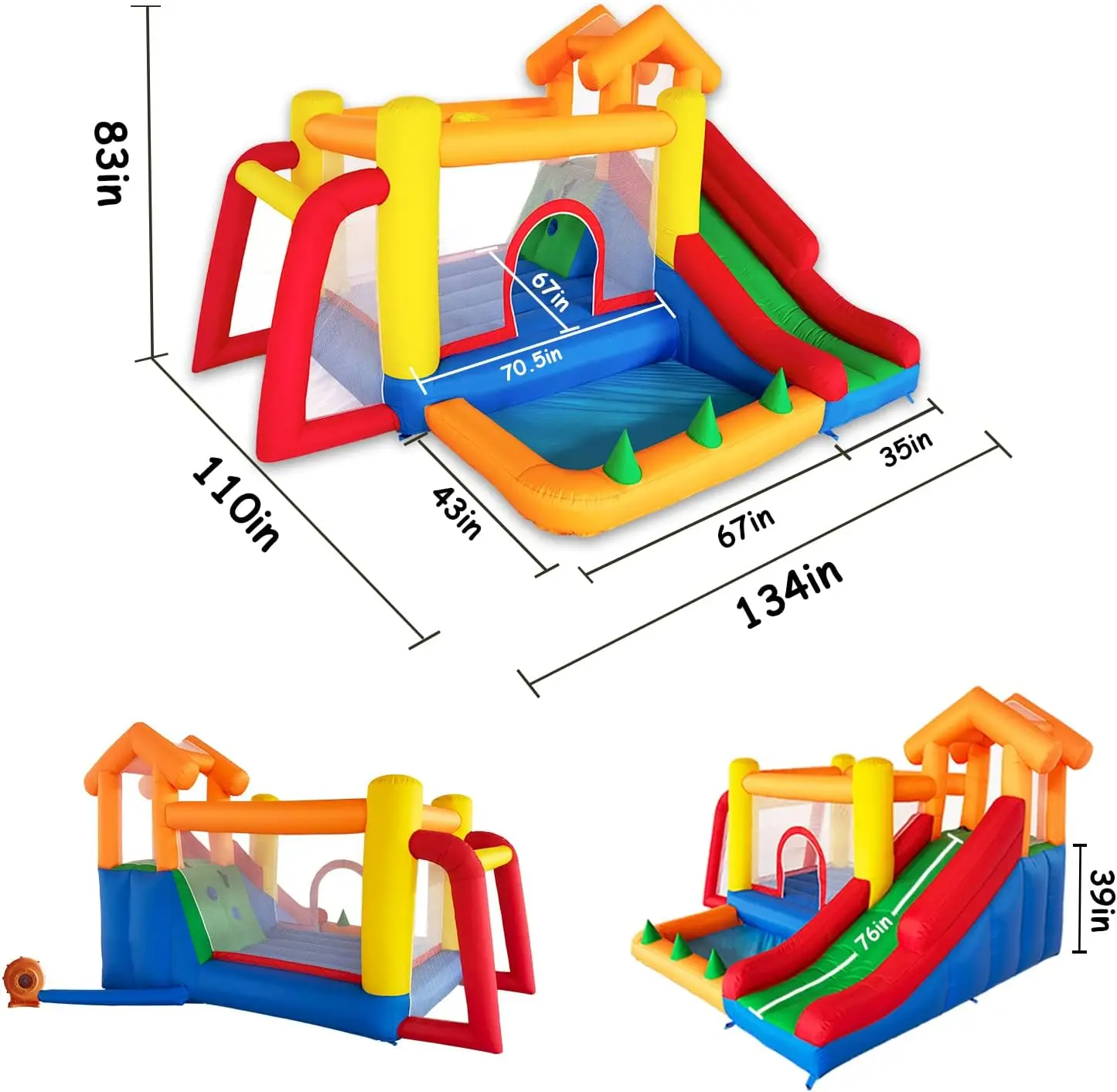Casa de rebote 7 en 1 para niños de 3 a 10, castillo hinchable con tobogán largo, piscina para niños (pozo de pelota), portería de fútbol, pared trepadora, baloncesto