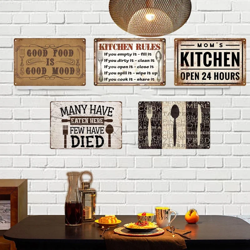Retro Tin Sign Kitchen Rules  Food Iron Painting Wall Art Metal Vintage Plaque Metal Posters for House Home Dinning Room Decor