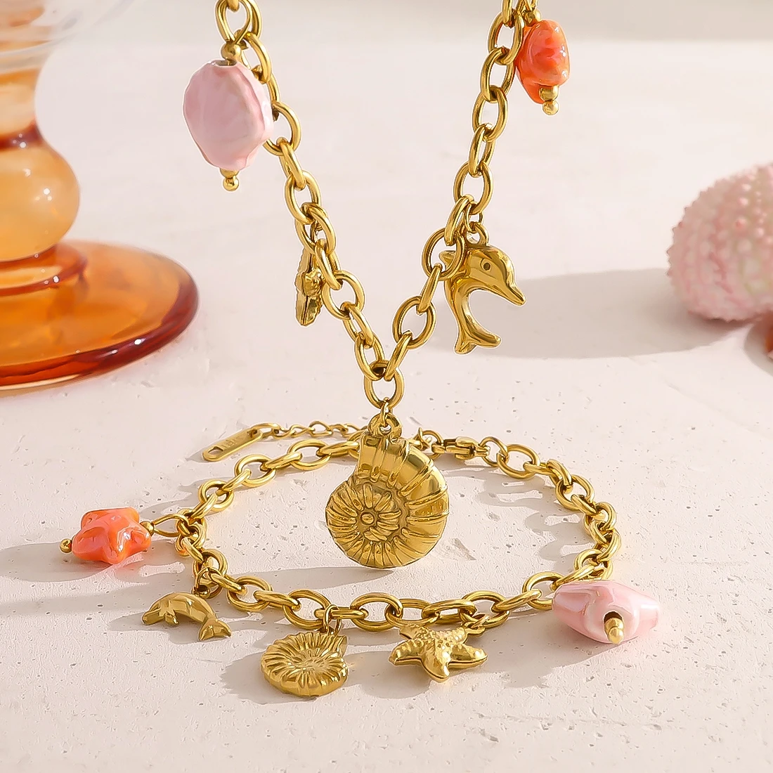 

WILD & FREE Trendy Stainless Steel Ocean Necklace Bracelet for Women Vintage 18K Gold Plated Beach Vacation Waterproof Jewelry