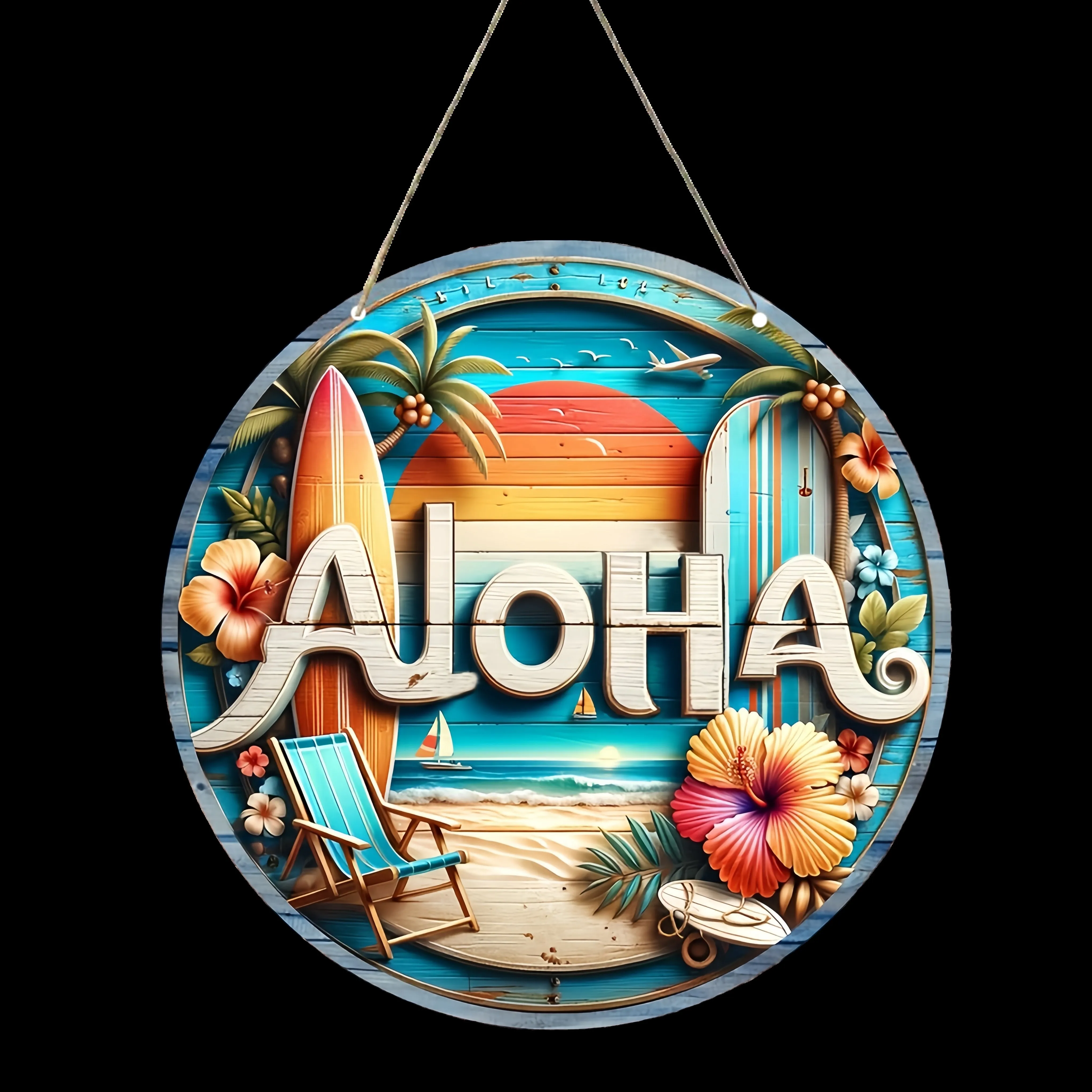 1 Aloha Wooden Sign Pendant/Round Beach Wall Art with Wreath Welcome House Number/20/8CM Hawaiian Greeting Hanging Decoration