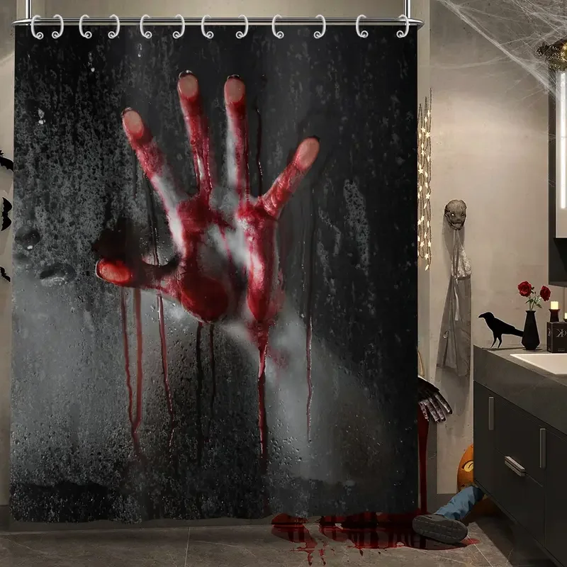 3D Halloween Theme Shower Curtain Horror Bloody Hands Black Bathroom Curtains for Halloween Party Waterproof Fabric with Hooks