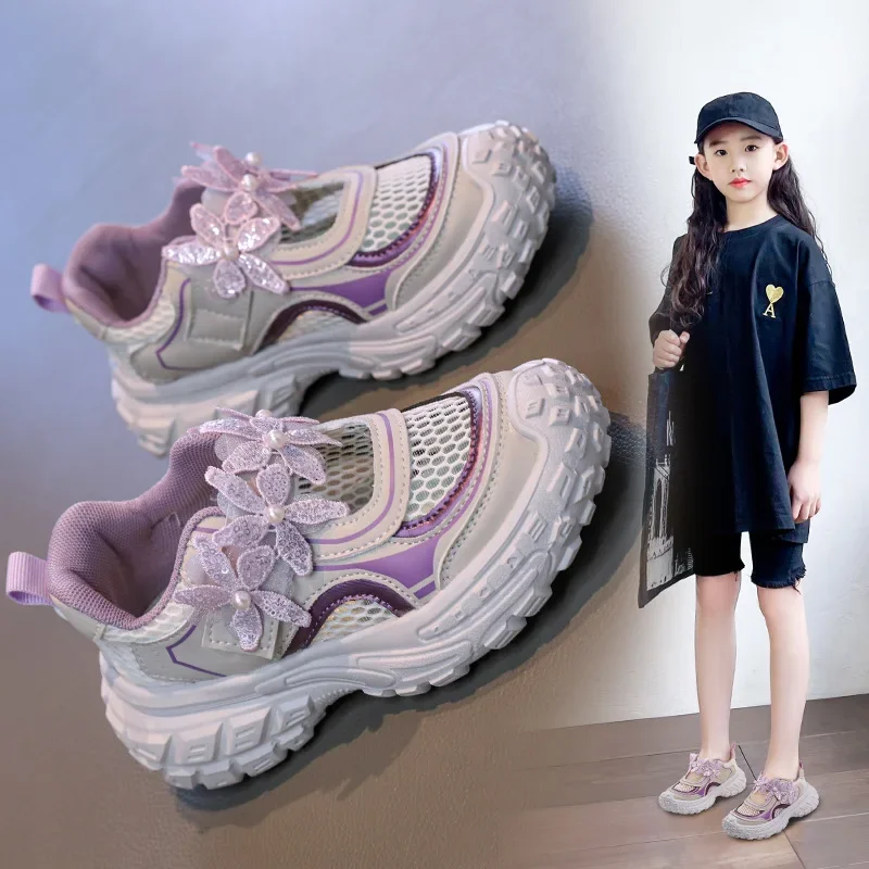 

Girls' Sports Shoes 2025 New Summer Mesh Breathable Children's Casual Shoes Fashion Flower Girl Princess Shoes Kid's Sneakers