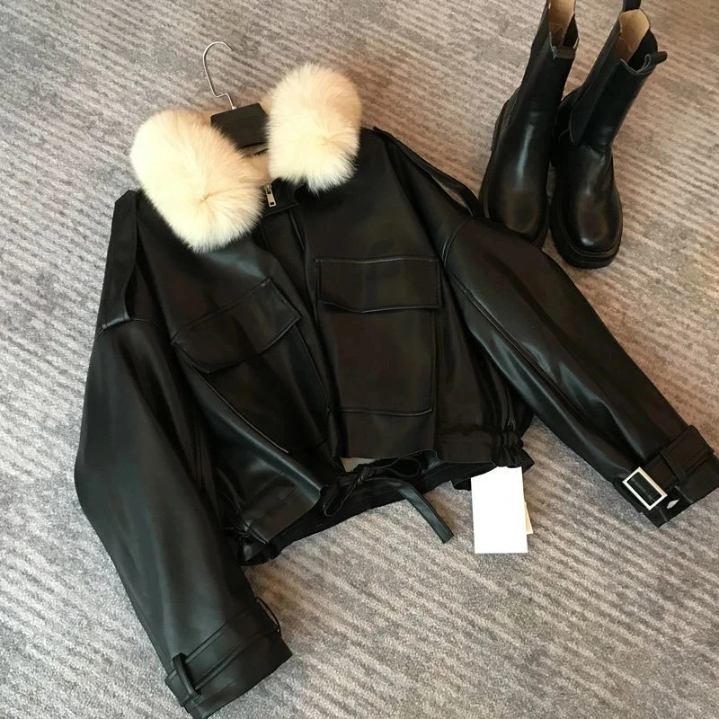 New Chic Autumn Winter Detachable Faux Mink Fur Collar PU Bomber Jacket Plus Velvet Thick Trench Coat Faux Leather Zipper Jacket