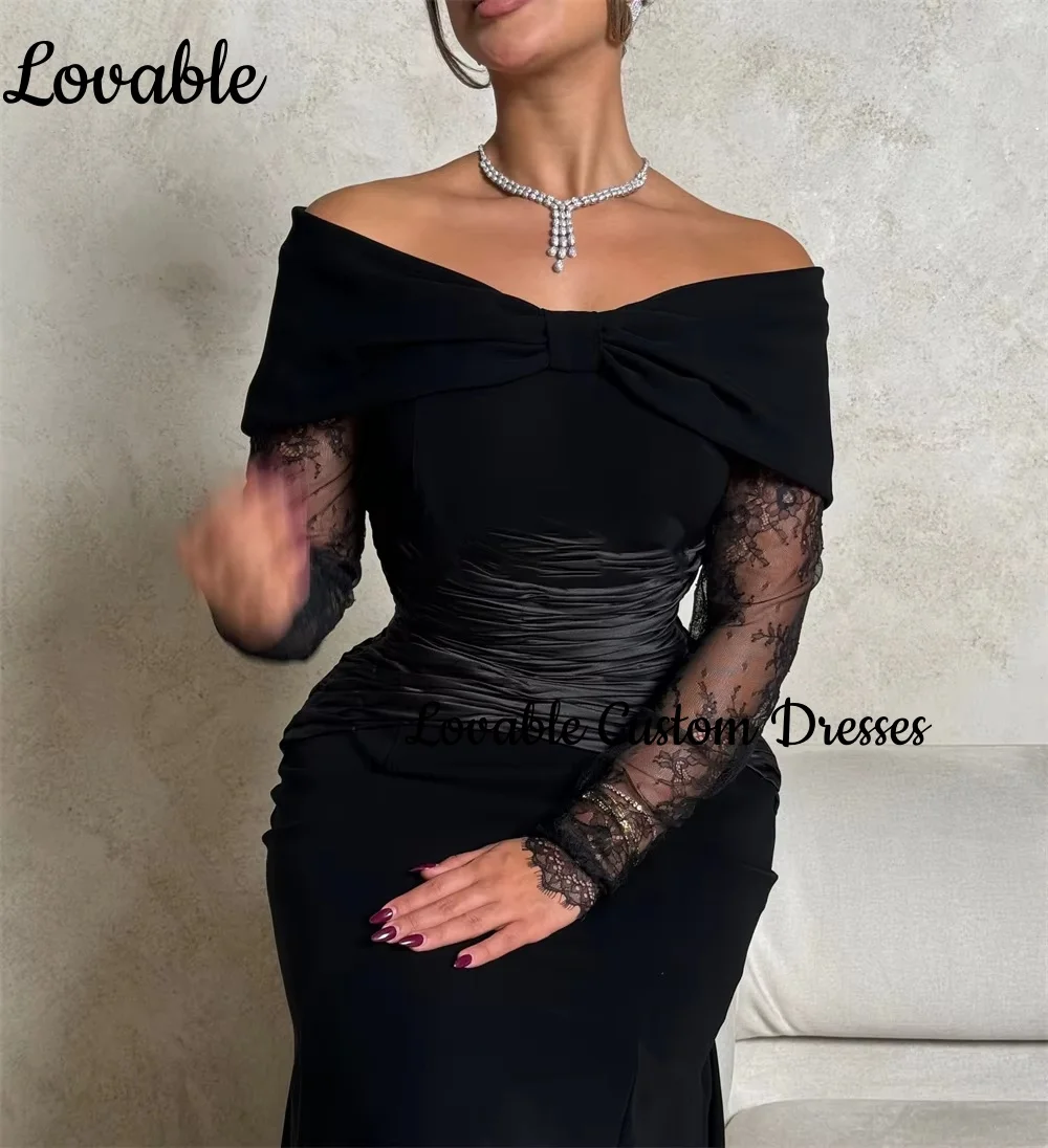 우아한 맞춤형 블랙 럭셔리 이브닝 드레스 A라인 오프숄더 플로어 길이 레이스 공식 행사 드레스 긴 소매