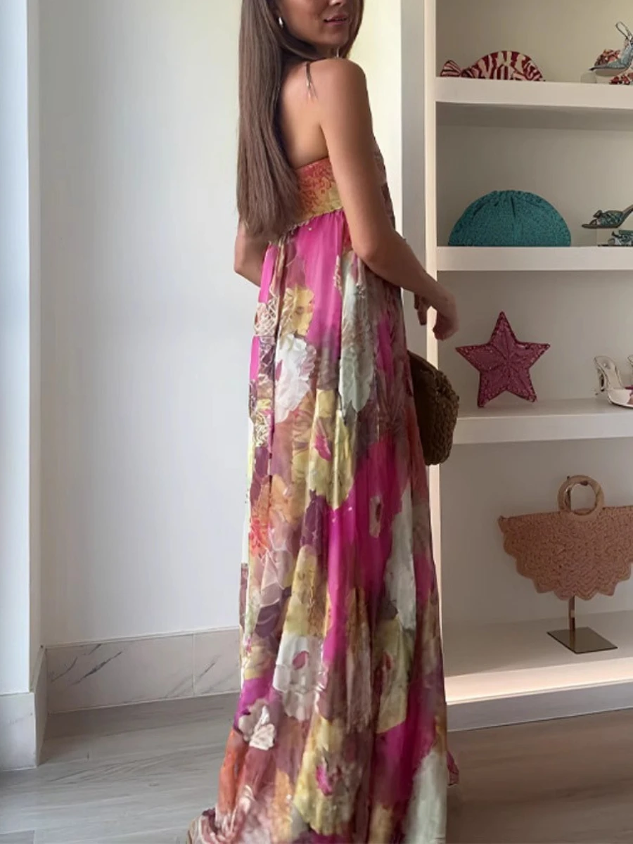 TWOTWINSTYLE Sukienki damskie z kwiatowym nadrukiem świątecznym, bez ramiączek, bez rękawów, z wysokim stanem, francuski temperament, długa sukienka damska, nowość