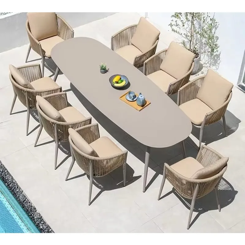 8 Seat Patio Dining Set Outdoor Furniture Aluminum Oval Bench Table Rope Chairs Seat Garden Restaurant Furniture Oversize Table
