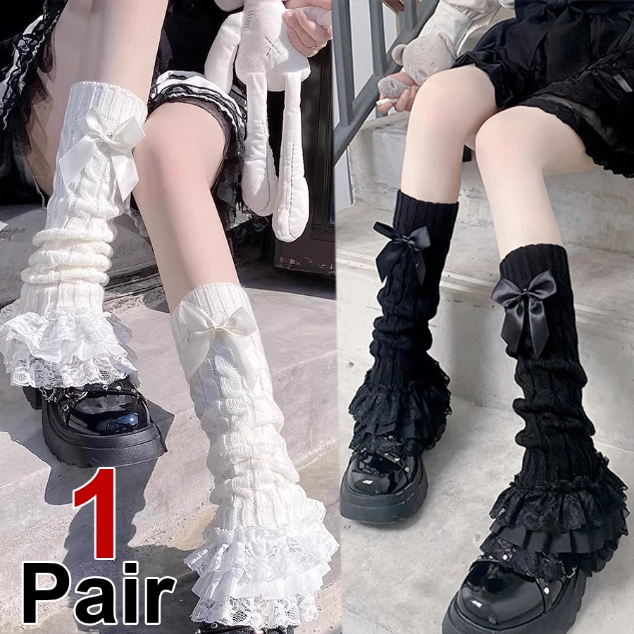 1 Paar Spitzen-Schleife Lolita-Stil Damen Wadensocken Weich Bequem Modisch Japanischer Stil Süße JK Slim Fit Ärmelsocken