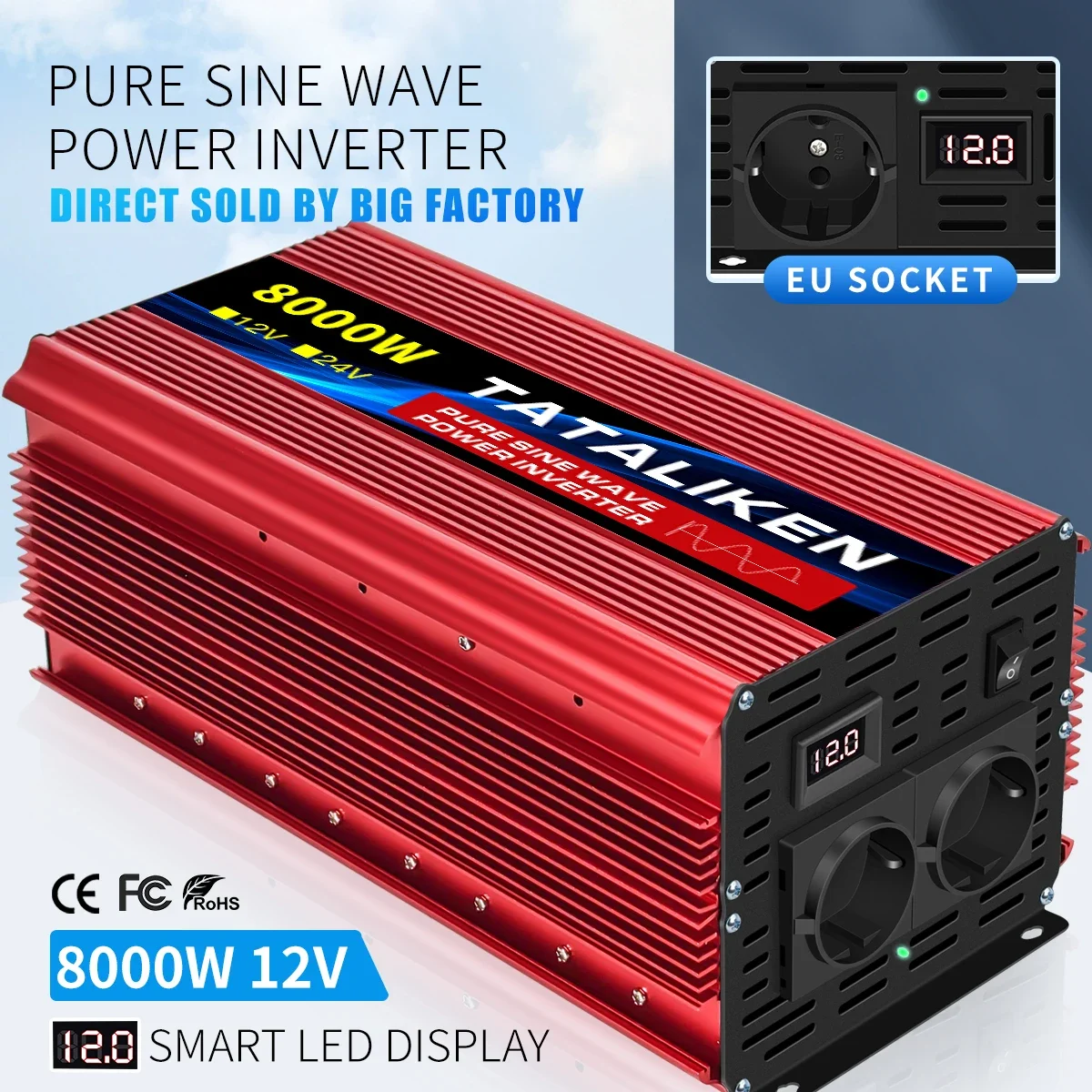 

TATALIKEN Pure Sine Wave Inverter DC 12V/24V to AC 220V EU socket 1600W/2500W/3500W/4500W LED Voltmeter Converter Transformer