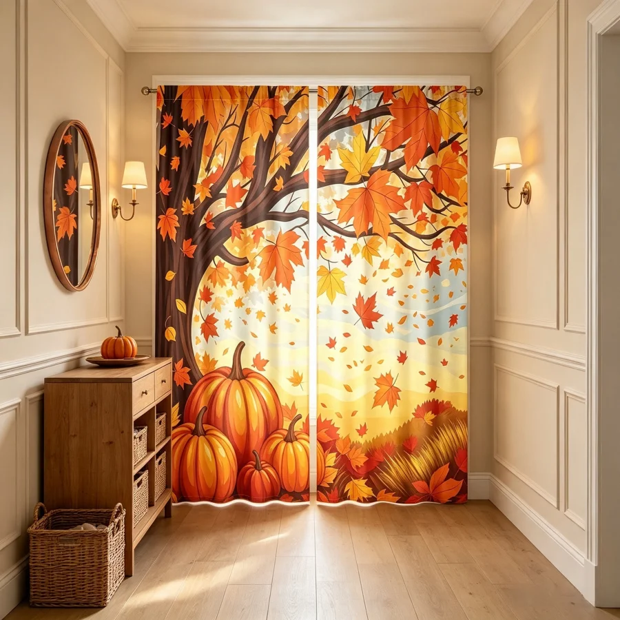 2PCS Digital Print Curtain, Pumpkin Field Falling Leaves Autumn, Fall Harvest Rustic for Living Room Bedroom Kitchen Decor