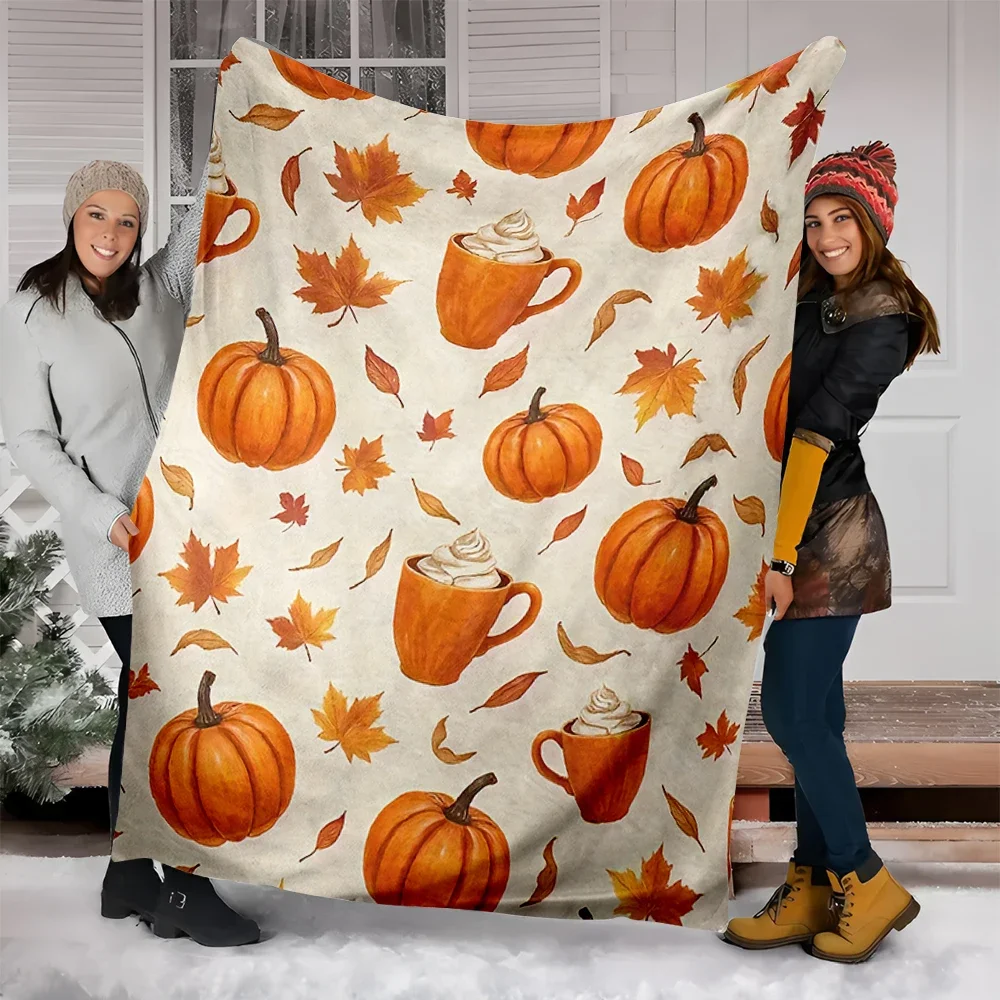 1 Piece of Watercolor Blue and Orange Pumpkin Print Flannel Blanket, Autumn Vintage Ins-Style Sofa Throw Blanket, Nap Blanket, A