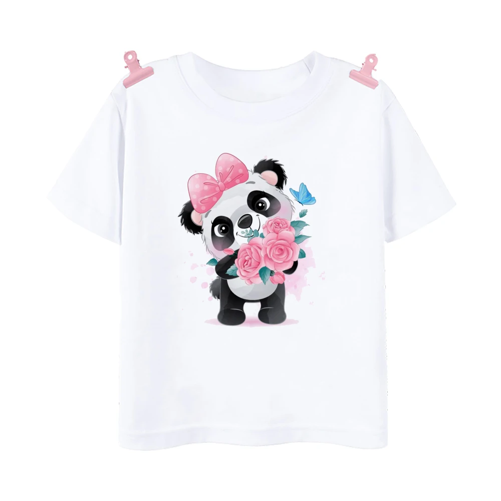 Camiseta con estampado de Panda y flores para niños, ropa de manga corta para niño y niña, traje de verano para niño, Tops informales, ropa bonita para niños