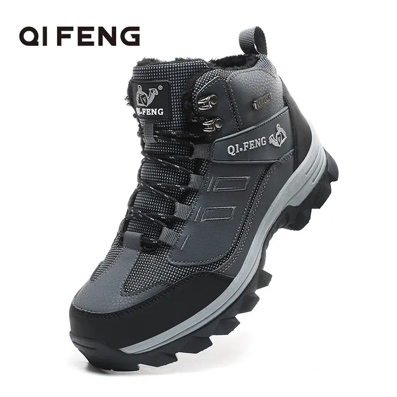 

2023 Men Hiking Shoes Winter Snow Boots Fur Warm Waterproof Leather Outdoor Walking Mountain Climbing Large Size Tactical Boots