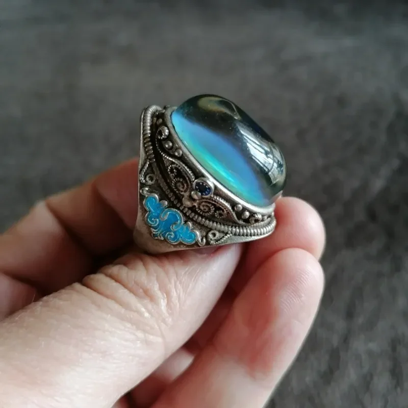 Vintage Tibetan Silver Ring with Patina, Inlaid Color Changing Gemstone, Adjustable Open Band