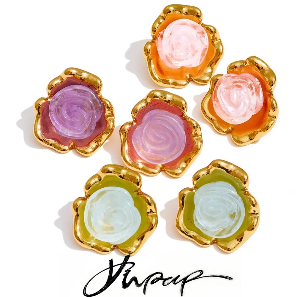 Yhpup Resin Acrylic Flower Y2K Stud Earrings for Women Stainless Steel Sweet Fashion Jewelry Waterproof Green Purple Pink