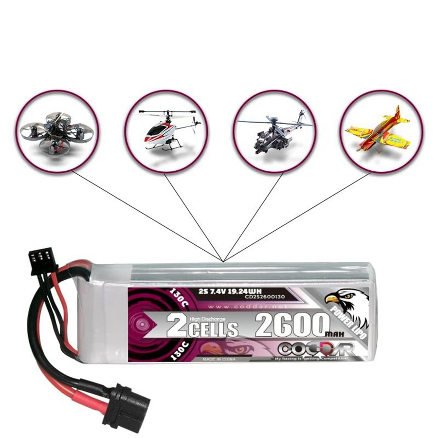 

CD2S2600130 2600MAH 2S 7.4V 130C Model Aircraft Four-axis Fixed Wing UAV Rechargeable Lithium Battery Pack