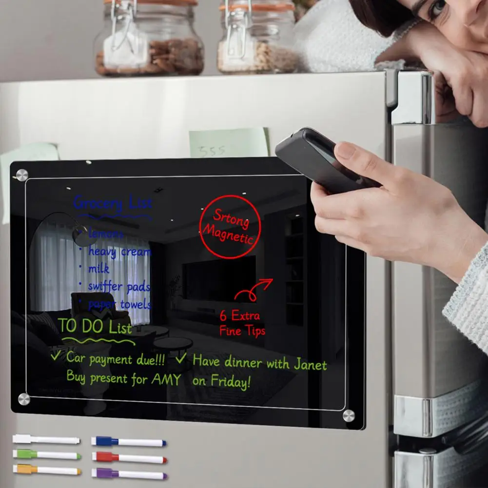 Planificador de horario para niños, calendario semanal negro, pizarra blanca con nevera magnética, tablero acrílico, texto negro, 6 marcadores fáciles