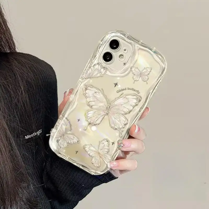 Laser Pearl Chain Butterfly Phone Case For IPhone 15 14 13 12 11 Pro Max X XS XR 6 6S 7 8 Plus SE 2 3 Mini Cover Soft Luxury