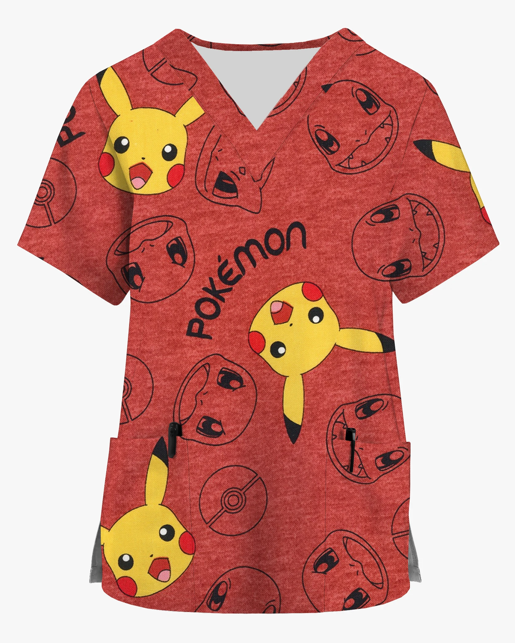 Summer Men's Short Sleeve V-Neck Tops Playground Work Clothes Pikachu Series Printed Short Sleeve Pocket Shirt