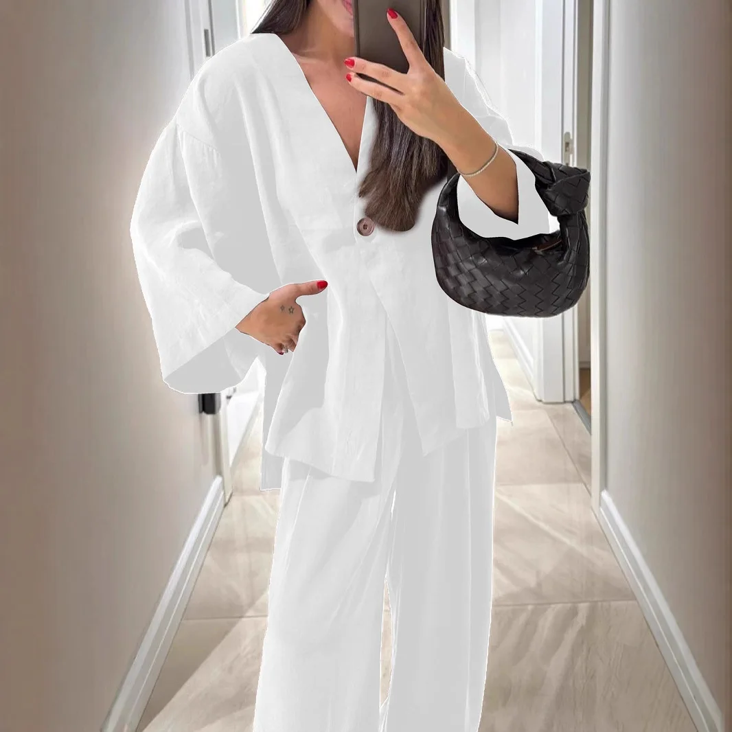 

2025 New Texture Set Solid Color Casual Fashion Cardigan Top Pants Women