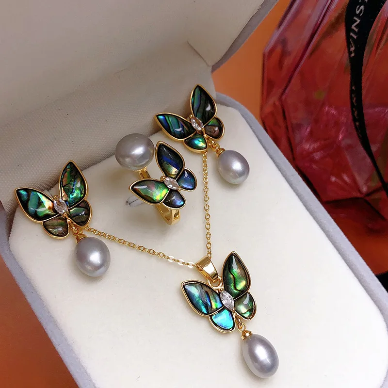 

Women's Necklace and Earring Set2022New Year18kGold-Plated Collarbone Chain Natural Freshwater Pearl Abalone Shell Earrings