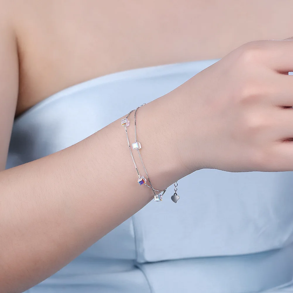 

Square Natural Blue Topaz 925 Sterling Silver Double Layer Bead Chain Cube Bracelet for Women Statement Gemstone Wedding Jewelry
