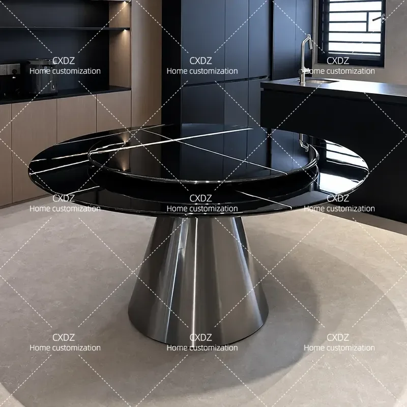 Black Gold Natural Stone Dining Table and Chairs Set Round Marble Table Modern Simple Design for Small Apartment Luxury Home