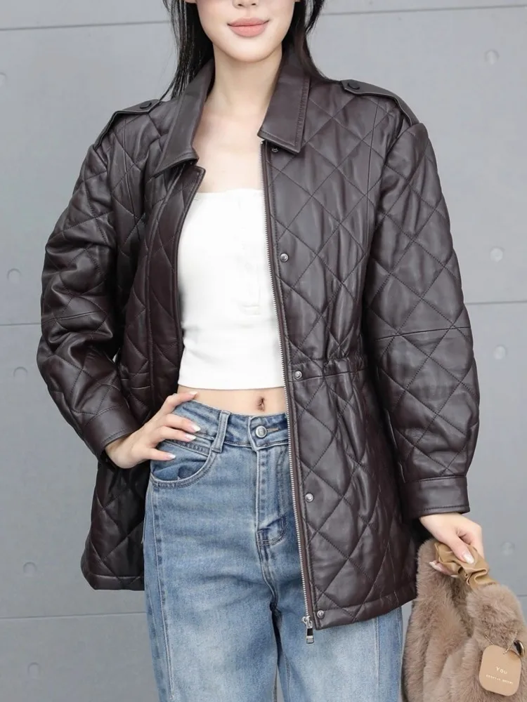 เสื้อแจ็คเก็ตหนังแท้สำหรับผู้หญิง สไตล์ลำลอง ปกพับได้ แขนยาว ทรงหลวม ผ้าหนังแกะ เหมาะสำหรับฤดูหนาว