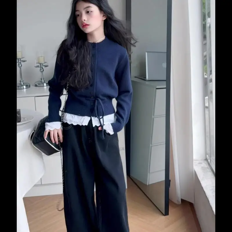 

Kawaii модный кардиган для девочек, свитер, джинсовый комплект, студенческий осенний повседневный трикотаж, топы, длинные штаны, комплект из 2 предметов, детская одежда