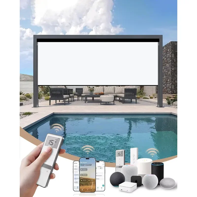 Motorized Outdoor Shades for Patio Porch, Custom Outdoor Motorized Blinds with Remote, Waterproof & Windproof Patio Shades