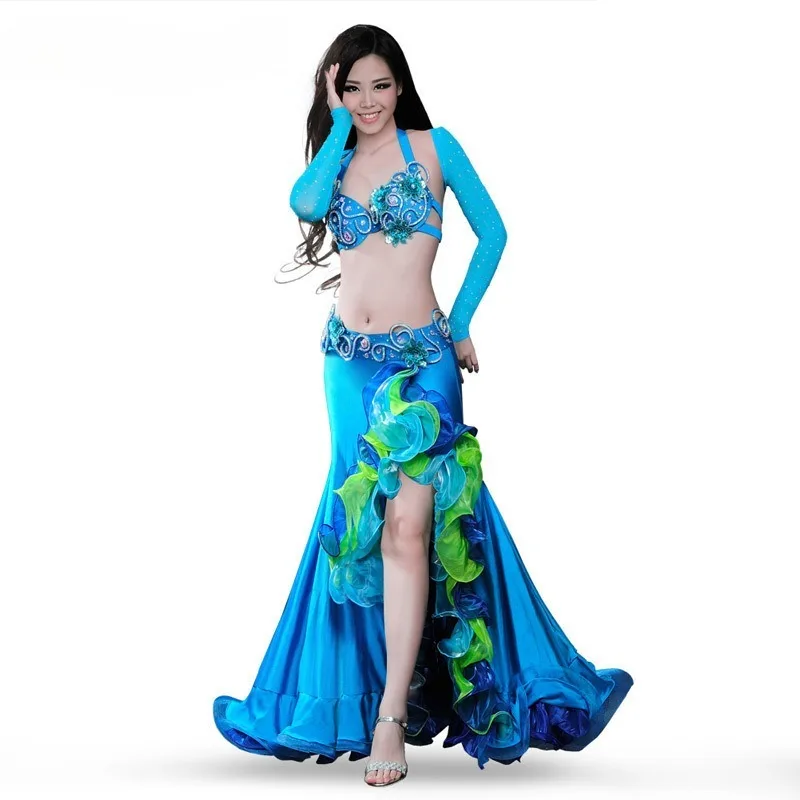 Aangepaste vrouwen buikdans pak Egyptische oosterse dans kostuum team concurrentie prestaties jurk buikdansen beha riem