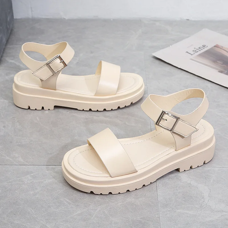 All-Match Beige Heeled Sandals Comfort Shoes for Women Med Muffins shoe 2024 Summer Buckle Open Toe Large Size Clogs Wedge Black