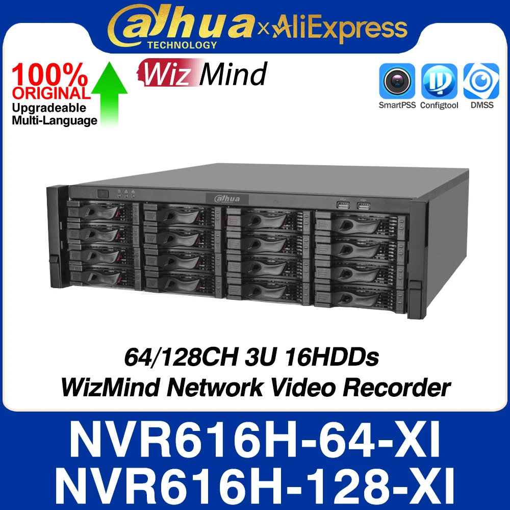 Dahua NVR616H-64-XI NVR616H-128-XI 64/128 Channel 3U 16HDDs WizMind Network Video Recorder AI by NVR Face Metadata SMD AcuPick