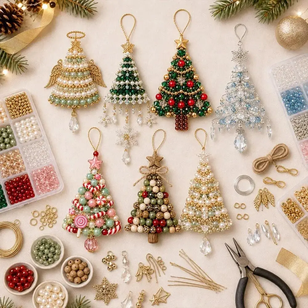 DIY Christmas Tree Beaded Ornament Kit,3D Crystal Bead Holiday Craft Set,Handmade Tabletop Christmas Decor Gift,Christmas Decor